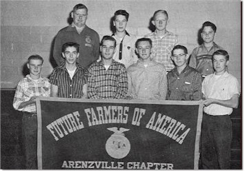 1959 Future Farmers of America: back row, from left: Mr. Hughes, Advisor, F. Ater, J. Hackman, B. Talkemeyer. Front, from left: B. McLin, A. Beard, T. Huey, R. Burrus, W. Bottens, M. Strubbe.