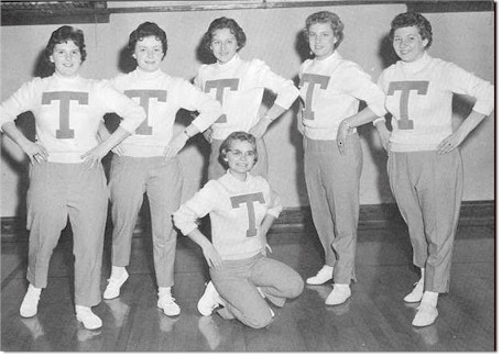 Triopia High School cheerleaders (from the first issue of The Trojan), 1960: from left: Alice Alexander, Janet Hutson, Joyce Roegge, Kay Crews, Carolyn Maschmeier, and Donna Strickler.