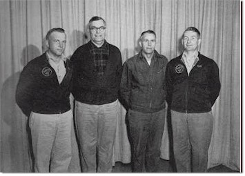 1958 bus drivers -  from left: Merle Lovekamp, Adam Beets, Charlie Grant, Willard Peck.