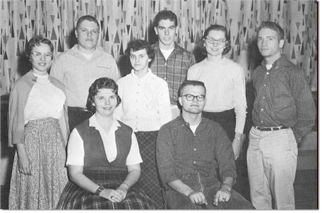 Senior Class officers (both Arenzville and Chapin High Schools), 1960 -- standing, from left: Marilee Joeckel, Mervin Beets, Judy Carrigan, Joe Richardson, Carol Lovekamp, and Bill Criss. Seated: Janet Schumacher and Bob Clark.